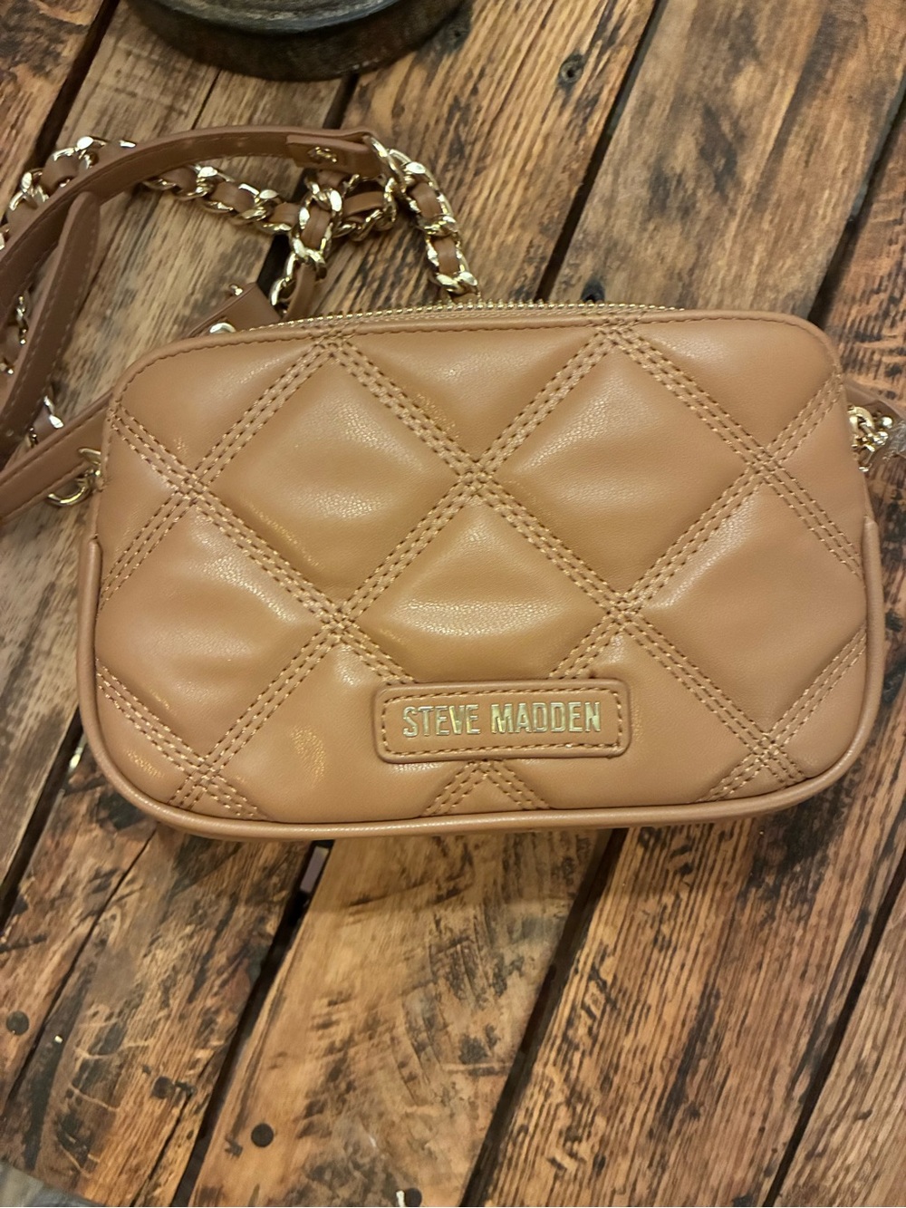 Steve Madden Quilted Crossbody Bag in Tan Camel